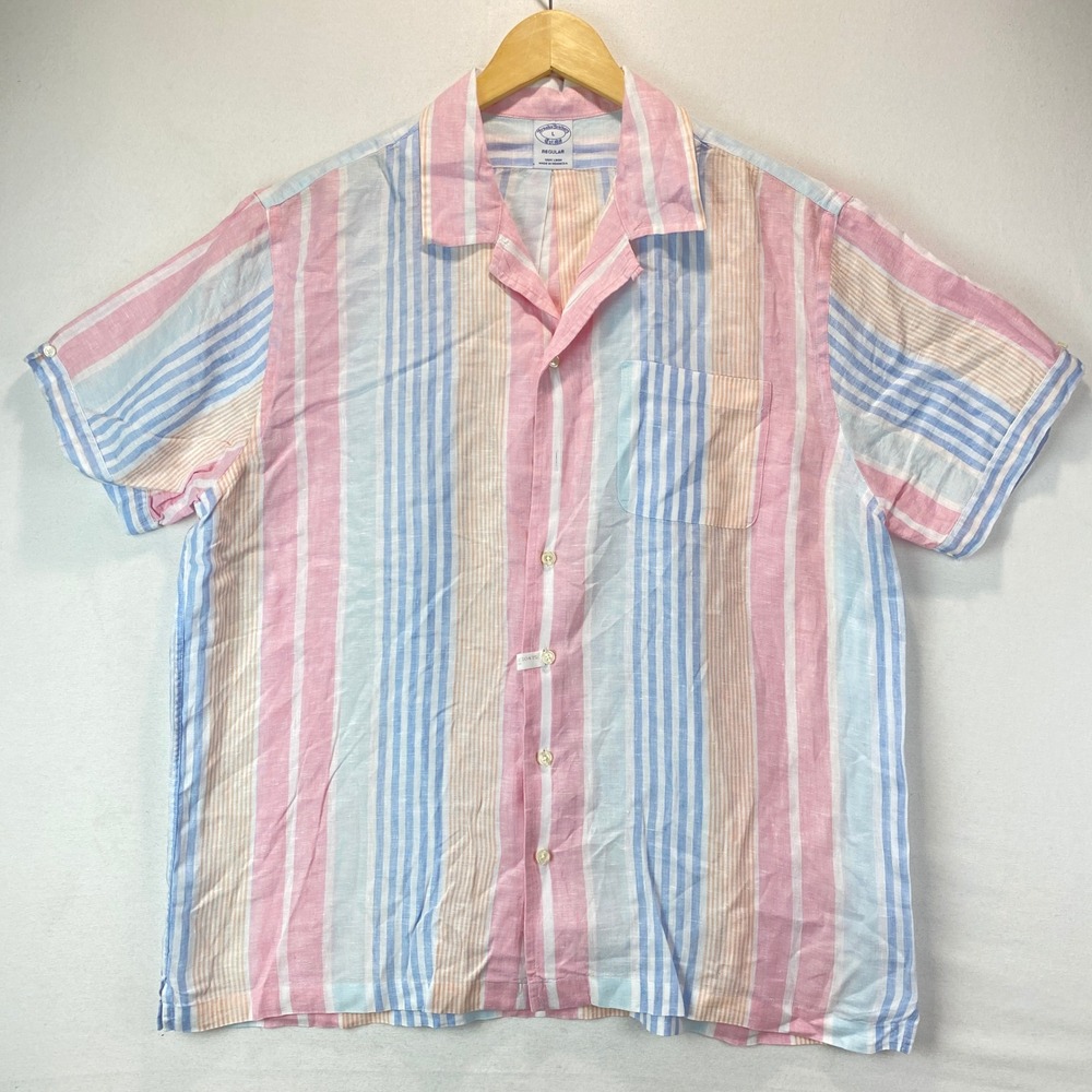 Brooks Brothers Regular Fit Mens L Multicolor Linen Striped Short Sleeve Shirt